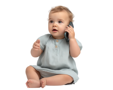 Cute Caucasian baby with curious expression sitting isolated while talking on mobile phone. Adorable toddler holding smartphone to an ear and playing with technology