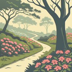 A winding path through a serene forest with blooming pink flowers and lush green foliage