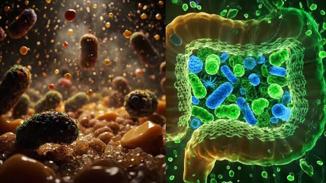 Gut Microbiome Transformation, Healthy vs Unhealthy Bacteria Split-Screen