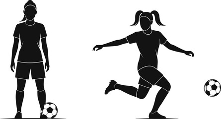 Soccer player silhouette set, standing and kicking poses, black vector illustration, sports motion concept, athletic activity, football training