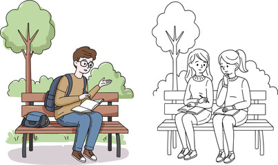 Student Studying Alone vs Group Learning in Park – Color and Line Art Comparison