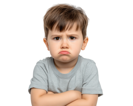 Sad angry boy portrait with an unhappy upset expression. young child with arms crossed feeling grumpy and defiant. Isolated little kid showing negative emotion and frustration