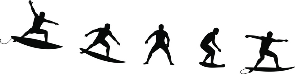 Surfing silhouette set, surfer on wave in dynamic poses, black vector illustration, water sport motion, beach activity, athletic stance