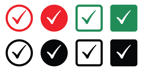 Set of check mark icons in different styles—red, green, black, circle and square backgrounds. Perfect for concepts like approval, validation, selection, and completed tasks.
