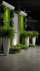 Green vertical garden water feature with white planters and ferns, built against gray tiled floor