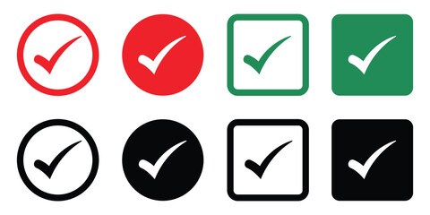 Set of check mark icons in different styles—red, green, black, circle and square backgrounds. Perfect for concepts like approval, validation, selection, and completed tasks.