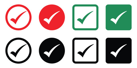 Set of check mark icons in different styles—red, green, black, circle and square backgrounds. Perfect for concepts like approval, validation, selection, and completed tasks.
