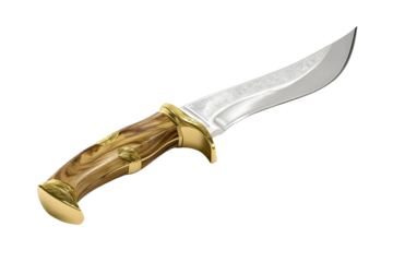 Elegant hunting knife featuring a Damascus steel blade and a wooden handle with gold accents