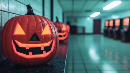 cyber retro arcade decorated with Y2K Halloween neon pumpkins and candy skulls.