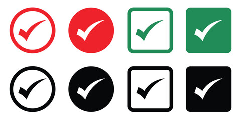 Set of check mark icons in different styles—red, green, black, circle and square backgrounds. Perfect for concepts like approval, validation, selection, and completed tasks.