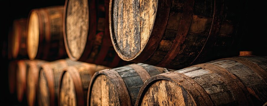 Close-up photo of wooden barrels stacked in a dark storage area, displaying textured wood and metal bands