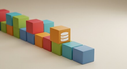 Conceptual 3D illustration of a database system represented by colorful blocks, symbolizing data management, server storage, and information architecture
