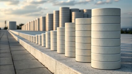 Geometric arrangement of cylindrical elements against a scenic background
