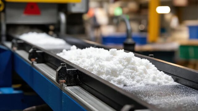 An industrial sugar processing setup showcases a conveyor belt covered in sugar, highlighting the mechanized process of food production in a modern facility.
