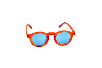 Orange stylish sunglasses with sky blue glasses isolated on transparent background