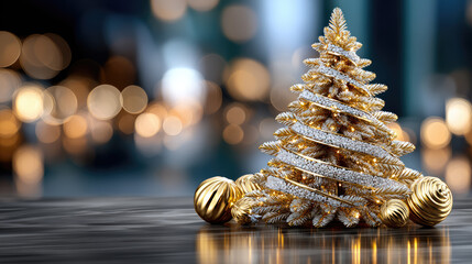 Obraz premium Golden abstract Christmas tree glowing in the night with festive lights and sparkling atmosphere, elegant holiday background design with copy space for celebration. Copy space, banner