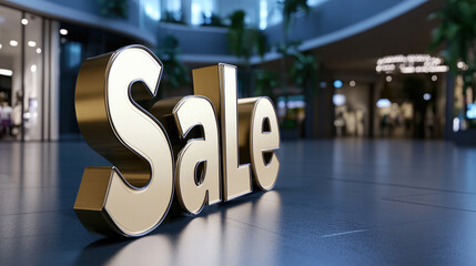 Golden sale letters creating a striking visual message for retail discounts, promotions, shopping events, and consumerism in a bright modern mall interior