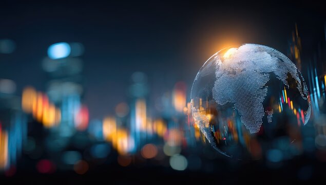 Glowing globe with financial charts over a city skyline, symbolizing global markets