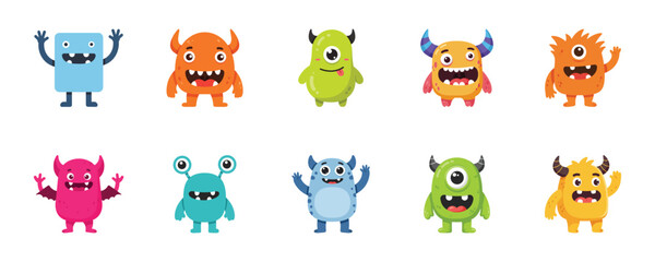 Cute and colorful cartoon monsters with friendly expressions for playful designs and imaginative projects