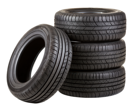 Stack of new black rubber car tire wheel for automotive maintenance. This isolated object on transparency background symbol of safety and preparation for road