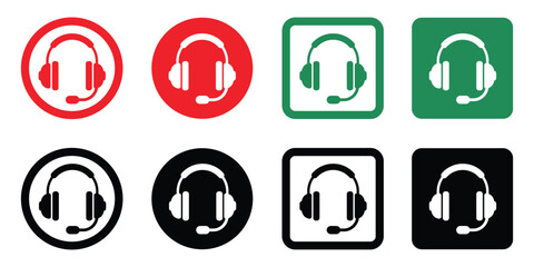 Set of Headset icons in different styles—red, green, black, circle and square backgrounds. Perfect for concepts like approval, validation, selection, and completed tasks.