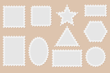 Set of postage stamp frames with perforated edges in different shapes. Vintage postal style template for mail and decoration.