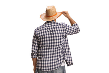 Rear view shot of a farmer with a straw hat