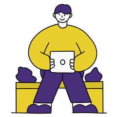 Minimalist flat illustration of a young man working on a laptop while sitting on the floor with legs stretched. Modern tech lifestyle character in purple and yellow colors.