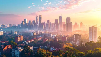 Obraz premium An aerial view of a city skyline bathed in the soft glow of sunrise, with high-rise buildings and scattered clouds
