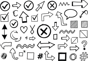 Vector art of collection of handdrawn arrows, check marks, and symbols