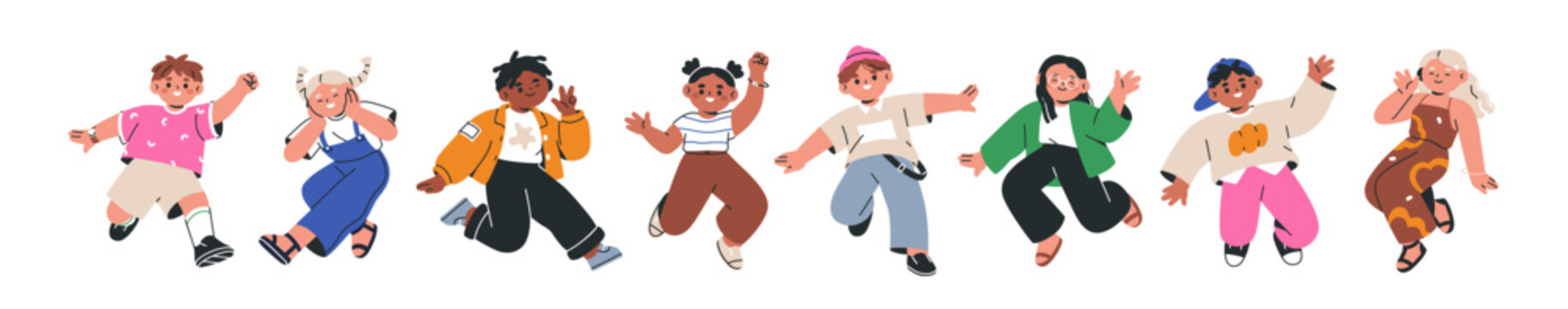 Naklejki Happy kids jumping set. Active smiling excited children, preschool kindergarten boys and girls in cheerful joyful flying poses, fun energy. Flat vector illustrations isolated on white background.