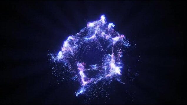 Glowing blue neon particles forming a pentagon shape on a dark background with a futuristic and technological mood.