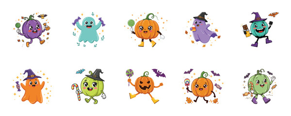 Whimsical Halloween friends featuring cheerful pumpkins and playful ghost characters