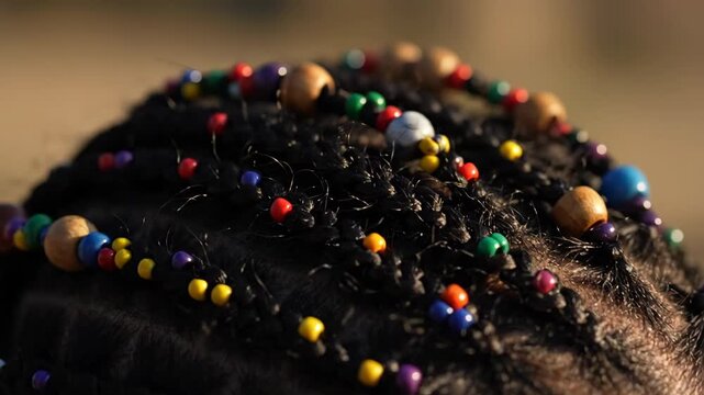 Close-up of Braided Hair With Colorful Beads on a Sunny Day