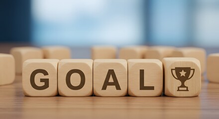 Setting and Achieving Your Goals Wooden Blocks Spelling 'GOAL' with a Trophy Icon, Representing Business Objectives, Personal Ambition, and Strategic Planning for Future Success and Milestones