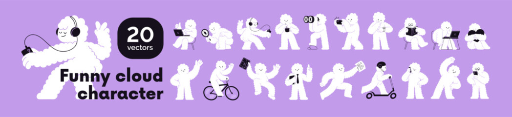 Cute whimsical abstract cloud characters set. Funny creature walking, cycling, exercising, reading, working on laptop, searching, listening music on phone, dancing. Isolated flat vector illustrations.