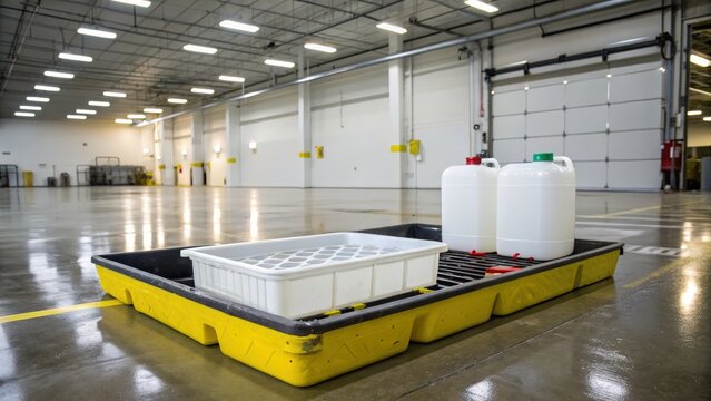 Industrial spill containment with chemical storage in a clean warehouse environment