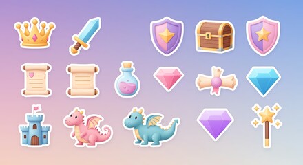 Fototapeta premium Collection of cute whimsical fantasy game assets and fairytale elements with charming dragons, medieval castle, and magical items on a vibrant gradient background