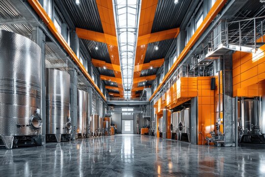Expansive interior view of a modern industrial facility with large metal storage tanks