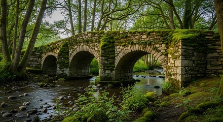 Ancient Stone Bridge Arching Over a Serene Forest Stream.