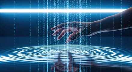 Futuristic digital data stream with binary code and glowing ripples, interactively touched by a human hand, symbolizing AI, technology, and global connection.