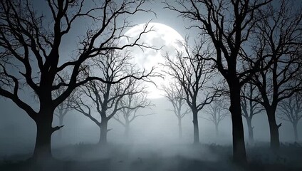 Misty moonlit landscape with bare trees in a foggy forest - Powered by Adobe