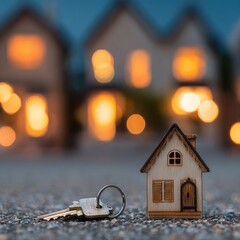 Miniature house and keys on a textured surface, blurred lit houses in the background at dusk