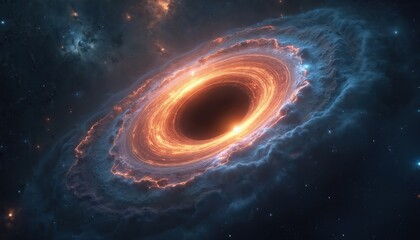 Art black hole in outer dark space with glowing horizon. Universe shows mysterious vortex of energy. Nebula clouds surround interstellar hole. Cosmos wallpaper for tech concept astronomy project.