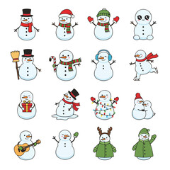 Christmas Snowman Vector Set &ndash; 16 Unique Holiday Snowmen in Flat Cartoon Style