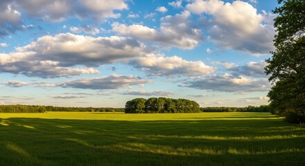 Obraz premium Vast green meadow under a dramatic sky with fluffy clouds and a distant grove of trees