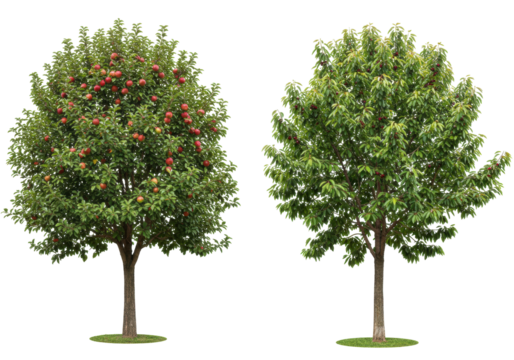 Isolated pair of two trees with apples, plums on a background for product design.