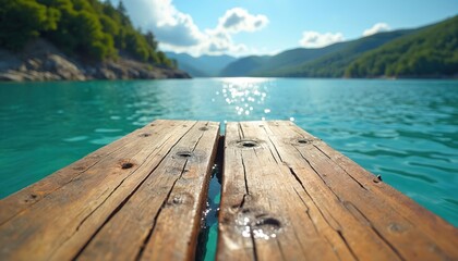 Dock on turquoise lake water. Wood planks lead to mountain landscape view. Calm scenic beauty location for summer holiday vacation. Wooden pier on clear aqua blue water, mountains.