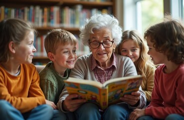 Fototapeta premium Elderly woman reads storybook to attentive children in library. Grandparent tells tale teaching kids, fostering literacy and imagination. Cozy indoor scene with bookshelves.