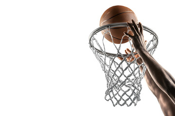 Slam dunk action shot with basketball going through the net for sports advertising or design use